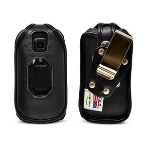 Kyocera DuraXV Extreme Black Leather Fitted Case Rotating Metal Belt Clip - Picture 1 of 6