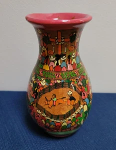 Redware Mexican Pottery Hand Painted Vase Bullfight Dancing Cityscape - Picture 1 of 7