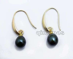SALE 7-9mm Black Drop Natural Freshwater Pearl & Gold-color Hook Earring-ear568 - Picture 1 of 4