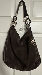Michael Kors Oversized ID Chain Coffee Brown Suede Leather Shoulder Bag $348