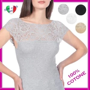 Maglia intima donna maglietta elegante manica corta pizzo cotone costina t-shirt - Foto 1 di 12