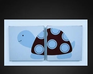 2-Pc Kidsline Mod Turtle Canvas Wall Art Boys Nursery Room Decor Blue Brown Dots - Picture 1 of 2