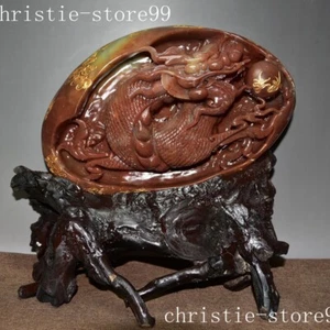12.4" China Shoushan Stone Gilt carved Feng Shui Lucky dragon loong statue - Picture 1 of 9