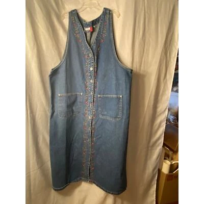 Mujer J.L.N.Y. Vestido Jersey Denim Sin Mangas 2X Bolsillos Bordados Florales Usado en Excelente Condición Foto 1 de 4