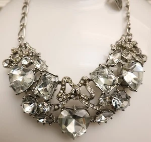Betsey Johnson necklace Iconic Glam Bow crystal cluster bib signed silvertone - Picture 1 of 9