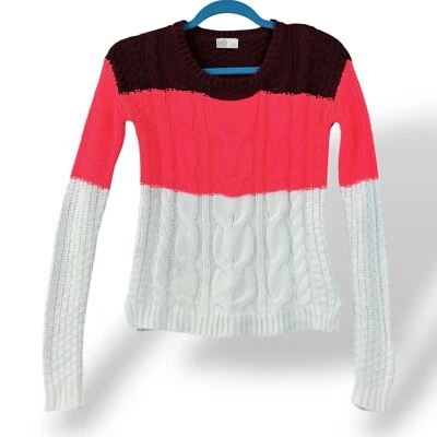 SO Suéter Juniors Talla XS Rosa/Blanco Bloque de Color Manga Larga Cuello Redondo Tejido con Cable Foto 1 de 4