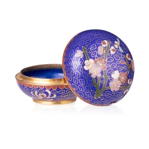 Vintage Cloisonné Enamel Bronze Round Navel Floral Trinket Box - Picture 1 of 5