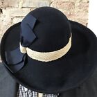 Vintage Black Vy Wool Hat Wide Brim Bow 7 1/2