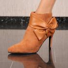 Ladies Velours Ankle Boots With Heel And Bow Camel #FR-1207