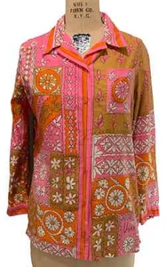 VERA NEUMANN Vintage 60s Women's LS Cotton Print Shirt - Sz S/M Pink Orange Tan - Picture 1 of 9