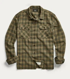 Nuova RRL Ralph Lauren Camicia Marrone Plaid Camicia da Lavoro Flanella Uomo Large L Camp - Foto 1 di 3