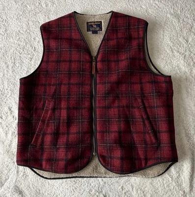Woolrich Mens Sherpa Lined Wool Blend Vest~  Large | Red Plaid Pattern, Full Zip - Image 1 of 4