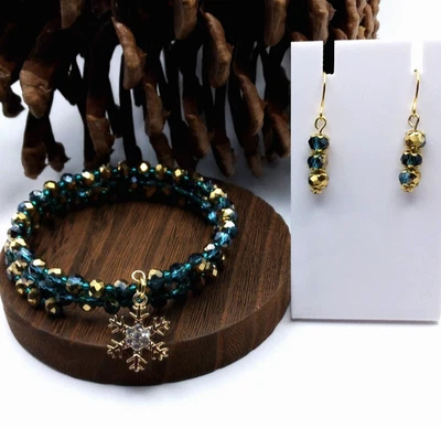 Cristal Azul Circón Tono Dorado Memoria Alambre Pulsera Pendiente Conjunto Copo de Nieve Dije Foto 1 de 4