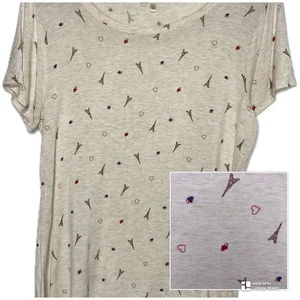 Belle Du Jour Bluse U-Ausschnitt dehnbar Eiffelturm Herz Damen Größe L Creme - Bild 1 von 10