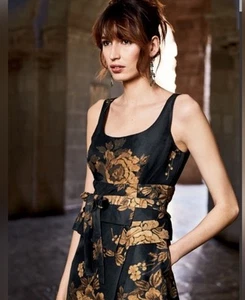 Peruvian Connection Linen Silk A- Line US 4 Black Floral Print Faux Wrap W Belt - Picture 1 of 12