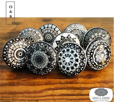 Black and white knobs black mandala style ceramic drawer knobs wardrobe handles - Image 1 of 4
