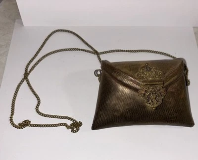 Antique French? Brass Flapper Pillow  Purse w/Chain Strap Black Velvet Interior - Image 1 of 4