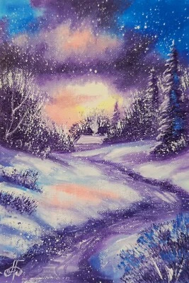 Original Snowy Sunset Painting Winter Cabin Path Trees Holiday Wall Art Decor - Изображение 1 из 4