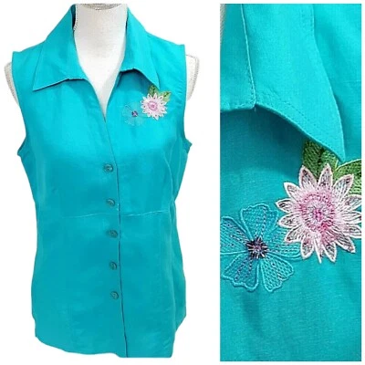 Camisa Dressbarn Mujer Talla 10 Lino Azul Floral Bordado Sin Mangas Costera Foto 1 de 4
