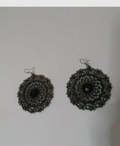 Orecchini Filigrana Argento Scuro Con Pietra Nera Monachella 6cm vintage  - Foto 1 di 2