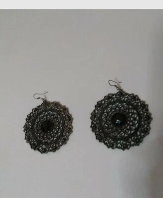 Orecchini Filigrana Argento Scuro Con Pietra Nera Monachella 6cm vintage  - Immagine 1 di 2