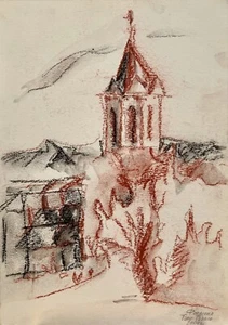 Pintura pastel original sobre papel FIRMADA por artista arquitectura Iglesia - Imagen 1 de 2