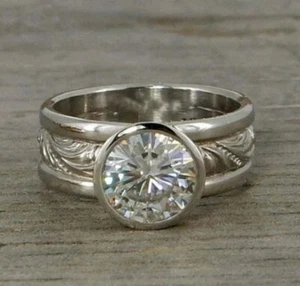 Juego de bisel redondo solitario de colección años 1880-90 anillo de filigrana moissanita plata 925 - Imagen 1 de 4