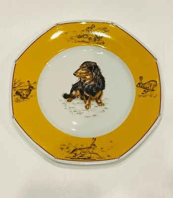Plato Dachshund Hermes Francia Porcelana 8 pulgadas Chasse Amarillo Almuerzo/Ensalada Foto 1 de 4