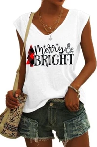 Langwyqu Womens Cap Sleeve Casual Loose Fit Basic Shirt Tank Merry & Bright (M) - Picture 1 of 5