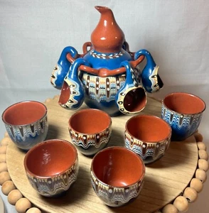 13pc.Set Bulgarian Pottery Pitcher w/ two different size cups, 6 each.  - Picture 1 of 9