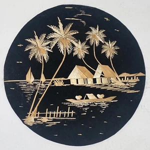 Vintage Indonesian Bali Rice Straw Art Wall Hanging Tropical Landscape on Black - Picture 1 of 8