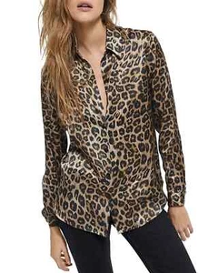 Blusa NUEVA SIN ETIQUETAS THE KOOPLES Seda Satén Estampado Leopardo Cuello Botón Negra Marrón S - Imagen 1 de 9