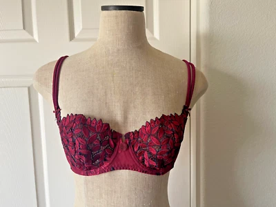 Aubade 3814C Burgundy Navy Embroidered Leaf Pattern Balconette UW Bra - 36C - Image 1 of 4