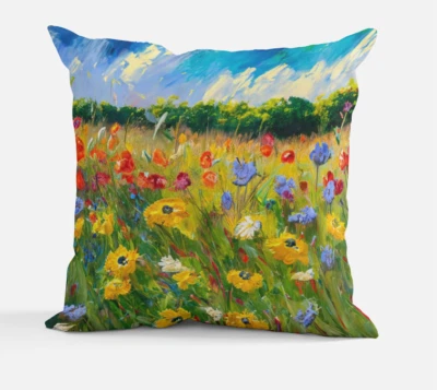 Cojín de almohada de campo de flores silvestres colorido 12x12" 16x16" 24x24" poliéster nuevo Foto 1 de 4