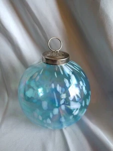 Art Glass Blue With White Specks Hanging Ornament Silver Top 12" Diameter - Picture 1 of 5