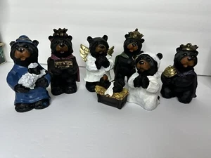 Slifka Sales Co. 7 Piece Black Bear Figurines Resin Christmas Nativity Set - Picture 1 of 4