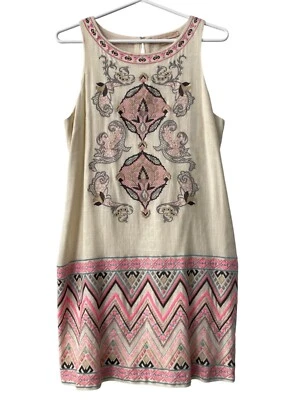 Champagne and Strawberry Sleeveless Embroidered Mini Dress Womens L Cream Hippie - Image 1 of 4