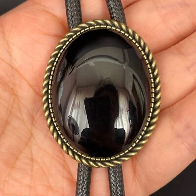 Collar de boda cuerda encerada de aleación de vaquero con corbata bolo de ónix negro natural para hombre Foto 1 de 4
