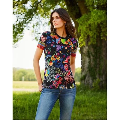 Camiseta Johnny Was Janie Favorite Jenny Love Corta Crew Floral Negra Top NUEVA Foto 1 de 4