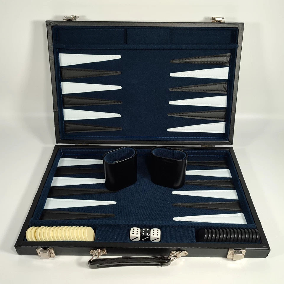 Vintage Backgammon Set in Case Faux Leather Briefcase Black White Blue - Image 1 of 4