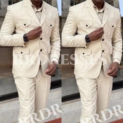 Traje Beige Para Hombre Exterior Safari Chaqueta Viaje Diario Informal Ropa de Trabajo Verano 2 Piezas Foto 1 de 4