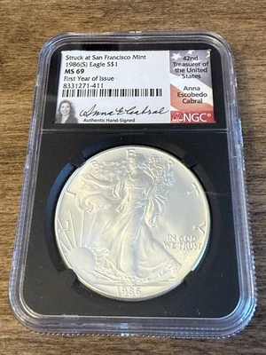 1986 (S) $1 Silver Eagle MS69 Anna Escobedo Cabral Signed Struck at San Francisc - Image 1 of 4
