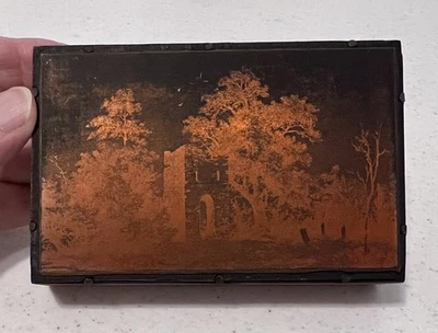 Copper Plate Printing Block Old Building Church Cemetery Ruins With Trees - Image 1 of 4