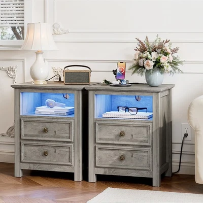 Nightstand with Charger Station & LED Lights 20" W Night Stand with 2 Drawers - Image 1 of 4