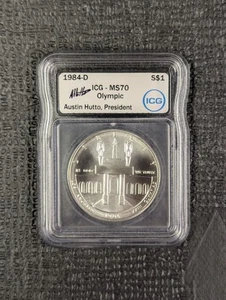 1984 D ⭐MS 70⭐ USA OLYMPIC Silver Commemorative $1-ICG Hutto Signed White Label - Picture 1 of 4