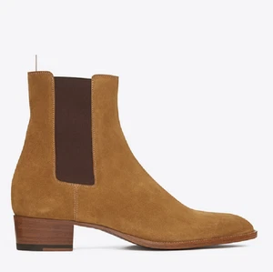 Mens Suede Leather Pointed Toe Chelsea Boots Casual Shoes Pull On Ankle Boots - Picture 1 of 18