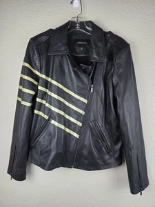 NEIMAN MARCUS L Black Yellow Stripe Butter Soft Leather Biker Moto Jacket Zip - Picture 1 of 8