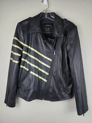 NEIMAN MARCUS L Black Yellow Stripe Butter Soft Leather Biker Moto Jacket Zip - Image 1 of 4