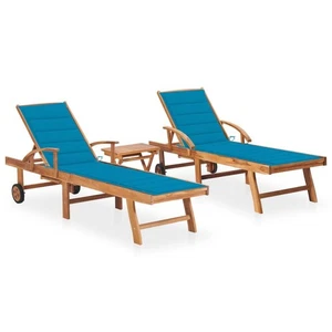 Sonnenliegen 2 Stk. mit Tisch und Auflagen Massivholz Teak - Bild 1 von 10