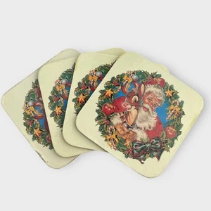 Vintage 90er Weihnachten Untersetzer Santa Rudolph Quadrat Kork Untersetzer Feiertag Motiv - Bild 1 von 4